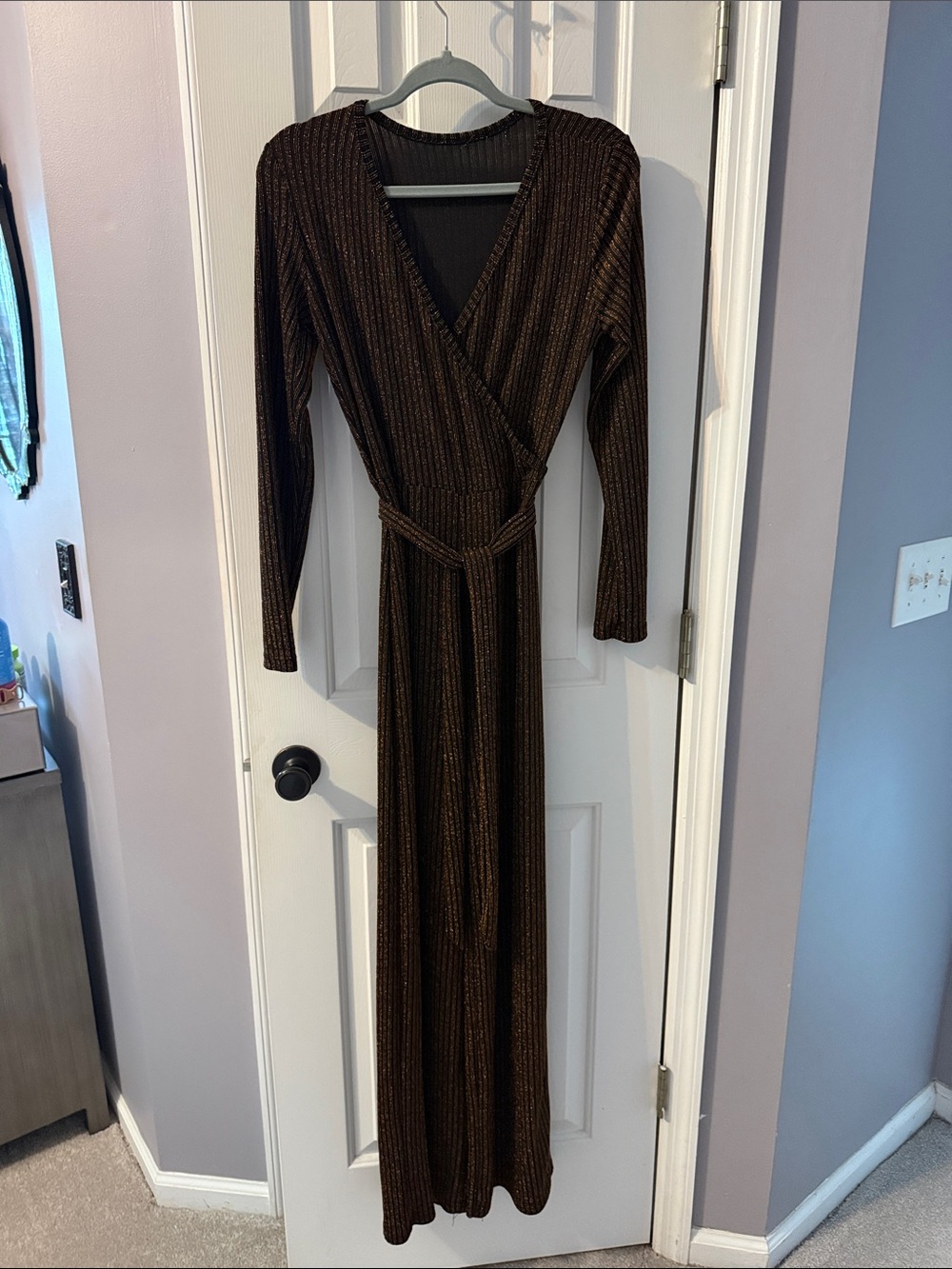 Women's Brown Long-Sleeve Wrap Jumpsuit with Waist Tie